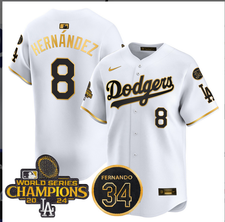 Men MLB Los Angeles Dodgers #8 Hernandez white 2024 World Series Champions Patch Limited Jersey style 3